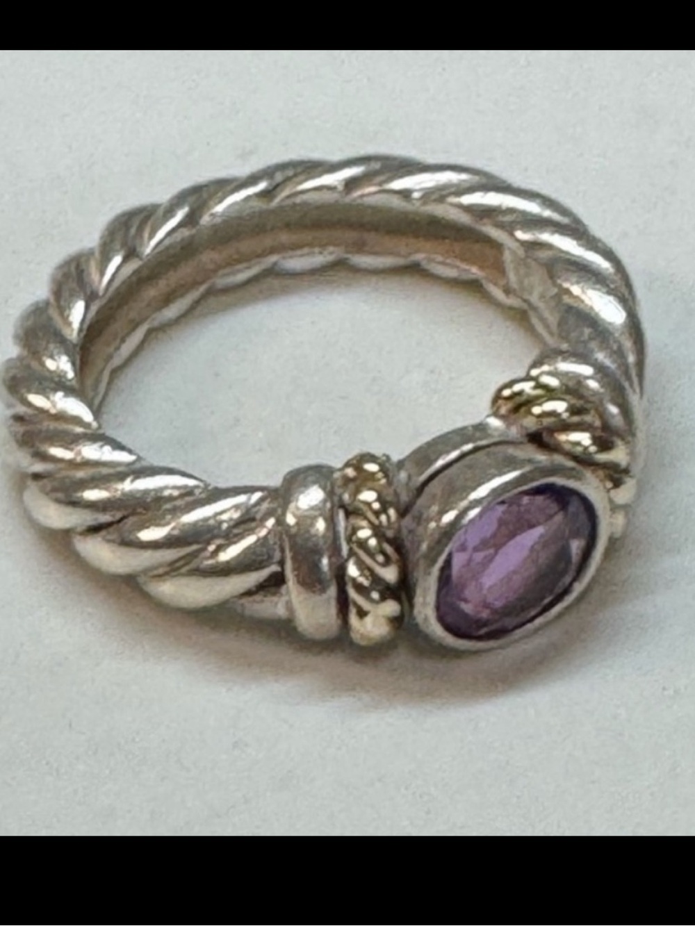 Vintage Sterling Silver 14K Gold Amethyst Cable Rope Ring